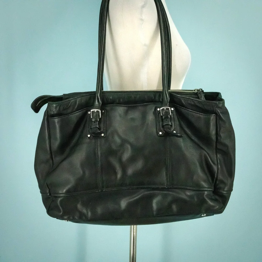 Tumi Black Leather Padded Laptop Pockets Business Travel Tote Bag Briefcase